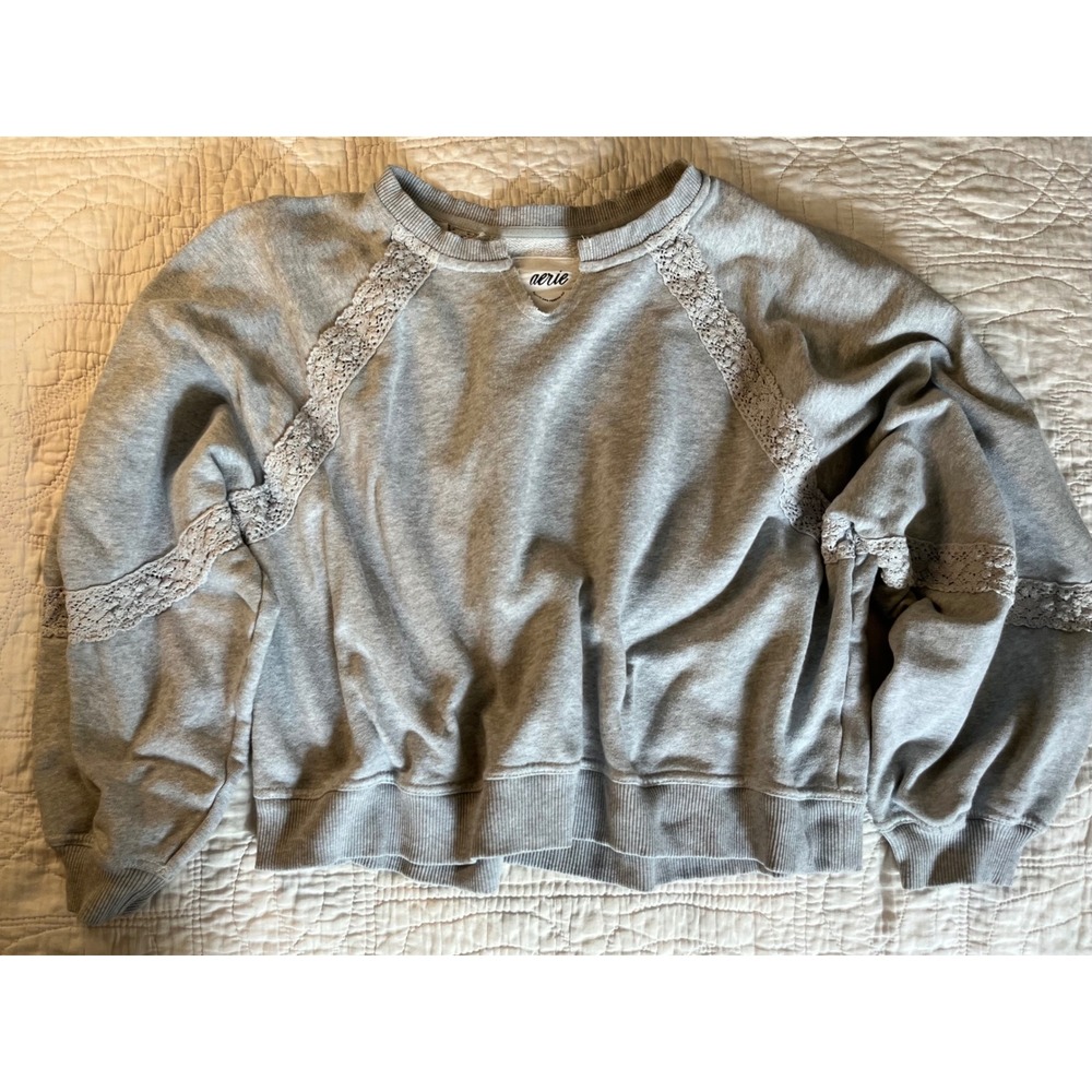 Aerie Gray Crochet Lace Trim Raglan Sweatshirt Women Large L Heathered Pullover